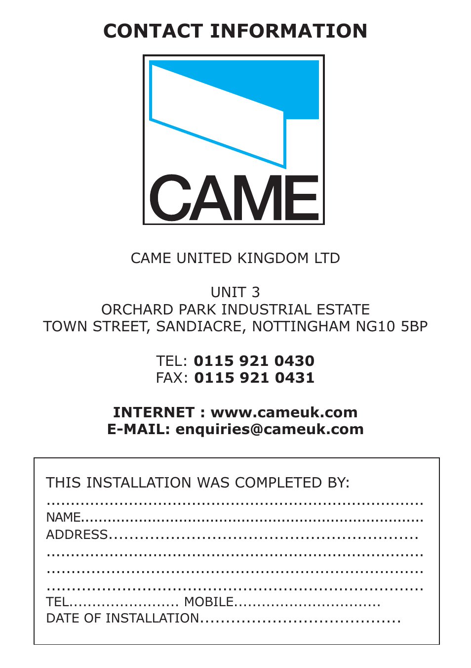 Contact information | CAME Ati-S324 Kit User Manual | Page 36 / 36