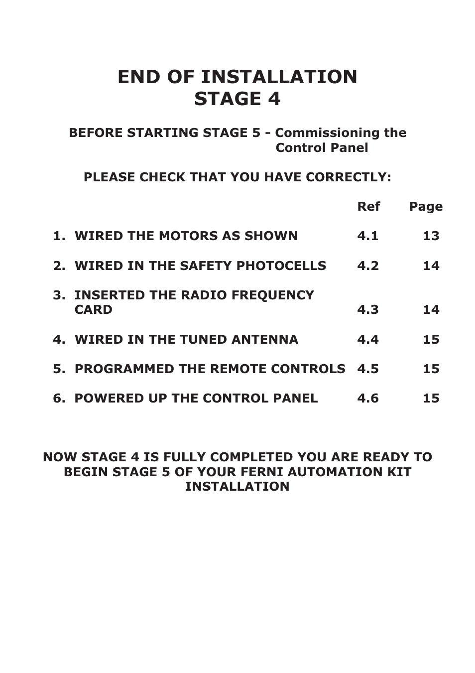 End of installation stage 4 | CAME FerniE-P Kit User Manual | Page 17 / 36