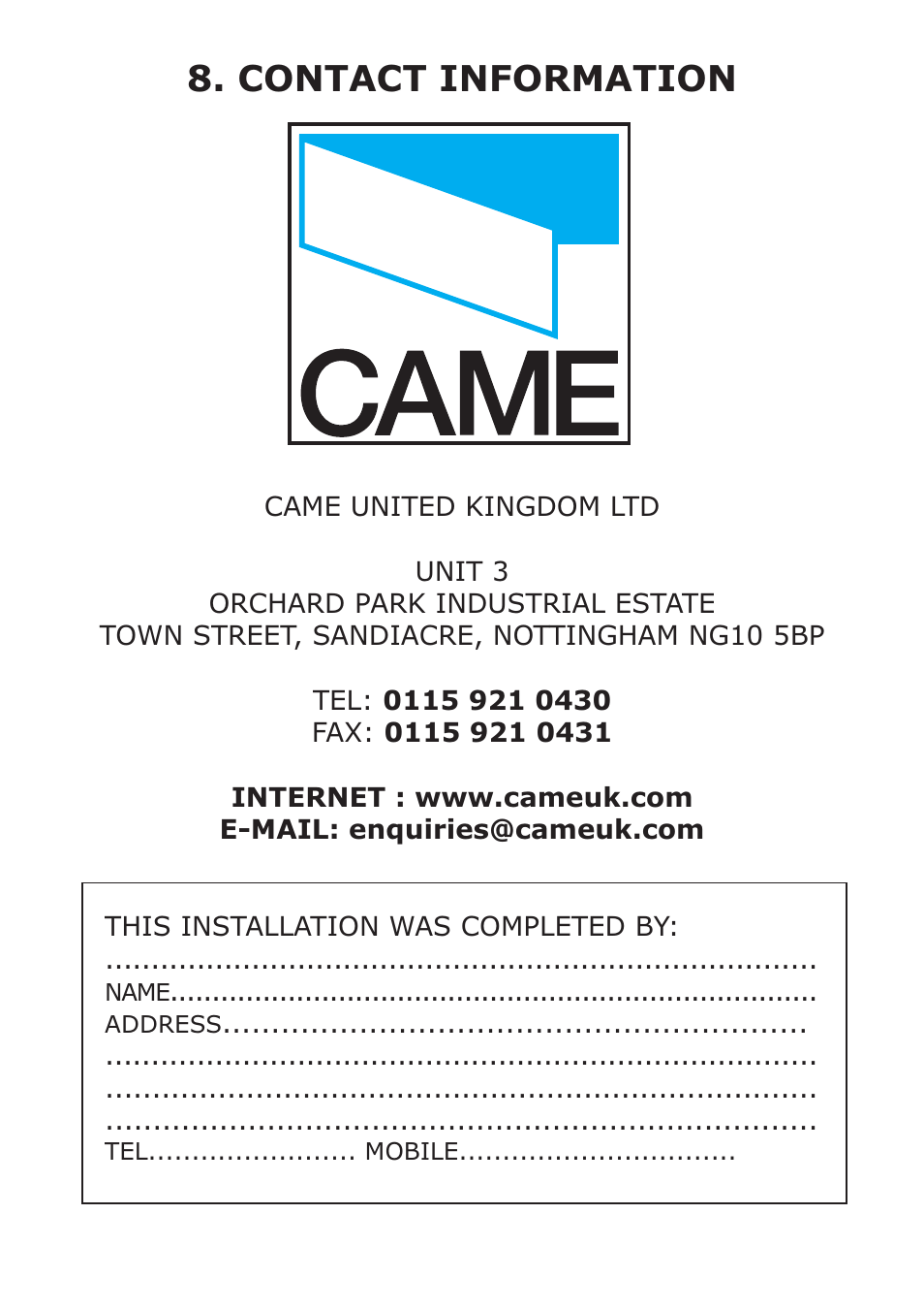 Contact information | CAME FerniE-P Kit User Manual | Page 36 / 36