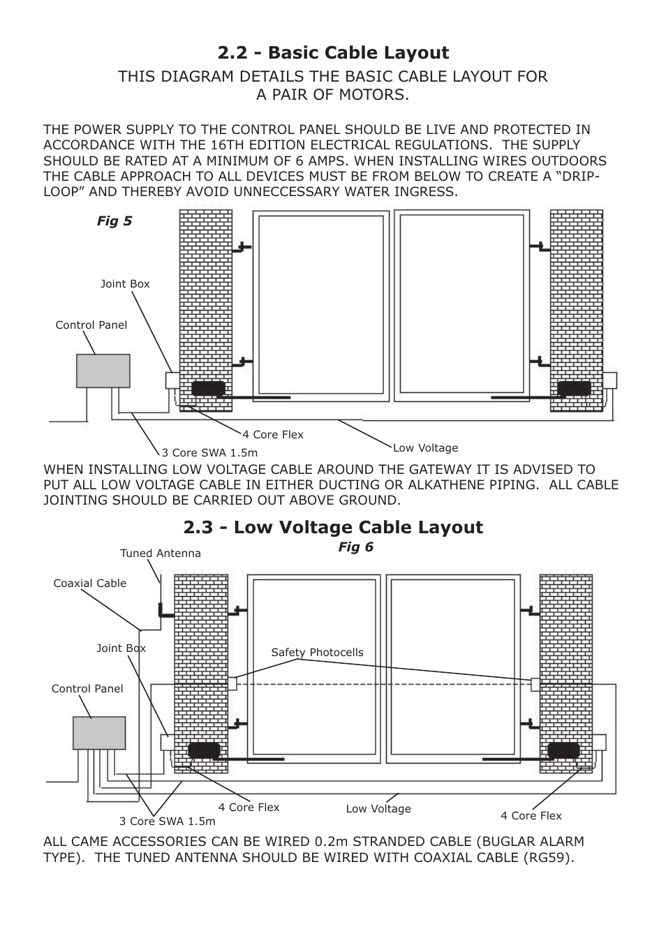 3 - low voltage cable layout, 2 - basic cable layout | CAME FerniE-P Kit User Manual | Page 8 / 36