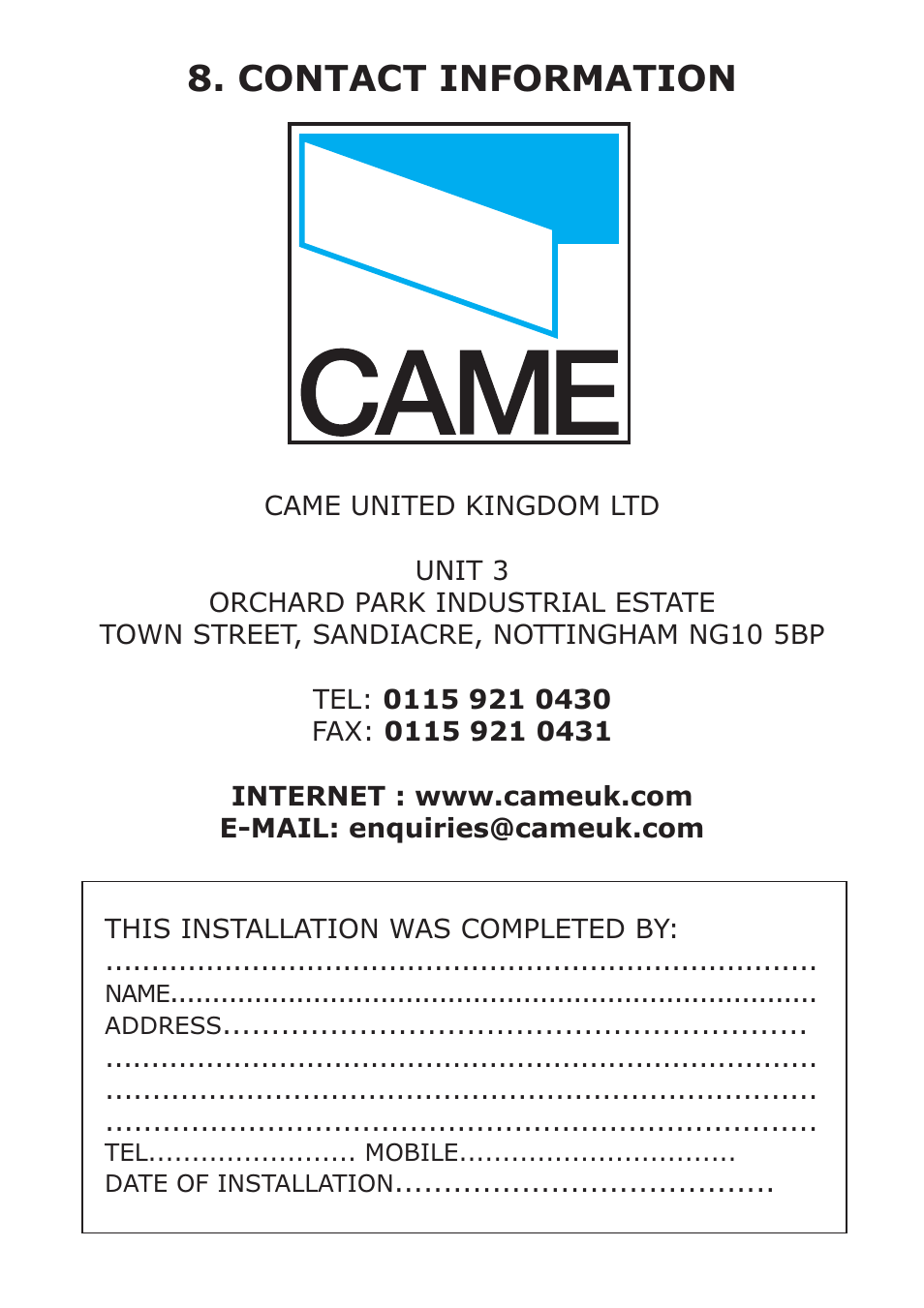 Contact information | CAME FerniE-S Kit User Manual | Page 36 / 36