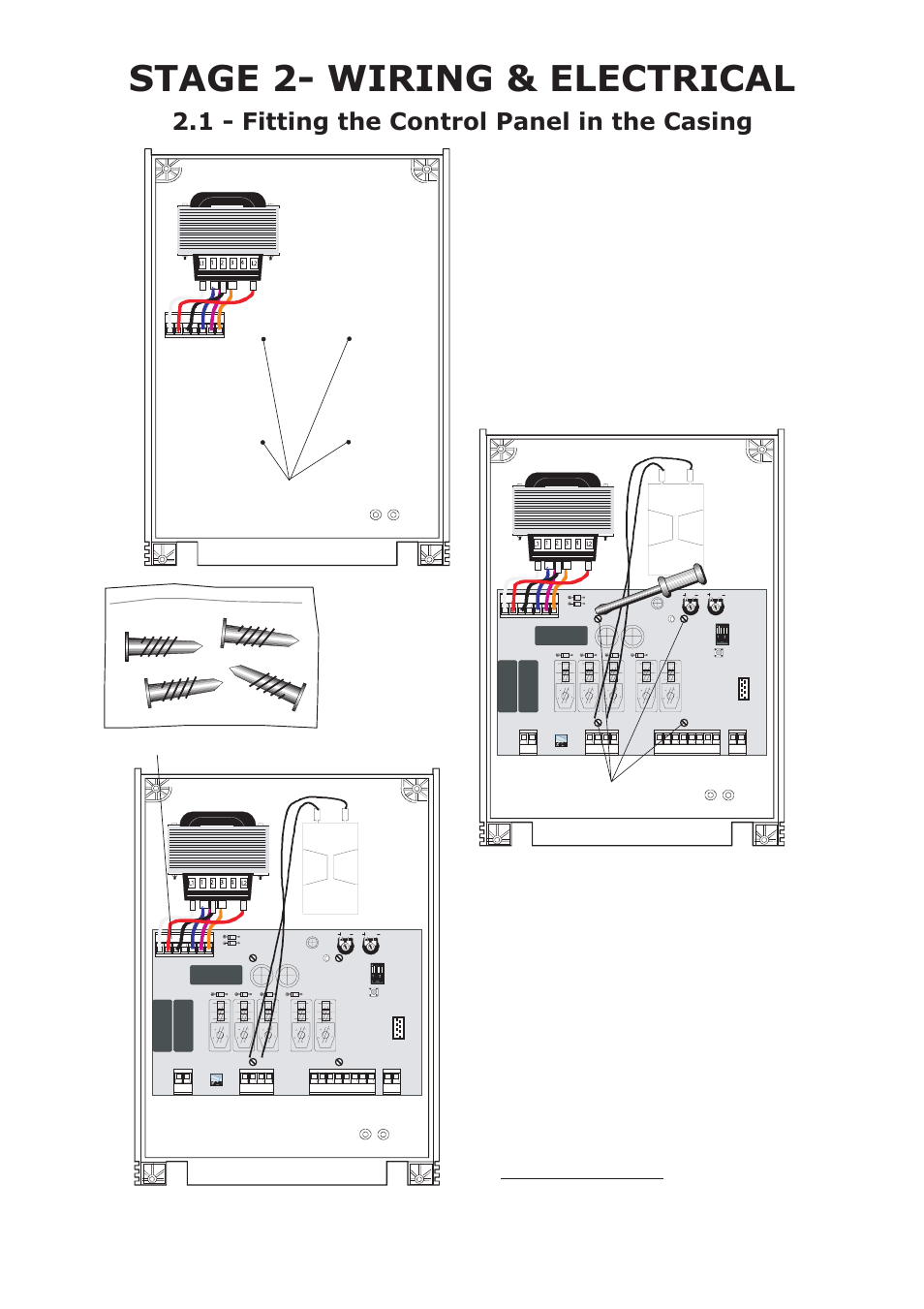 Stage 2- wiring & electrical, 1 - fitting the control panel in the casing, Screws screw positioning holes | Green connector point fastening screws | CAME FerniE-S Kit User Manual | Page 7 / 36