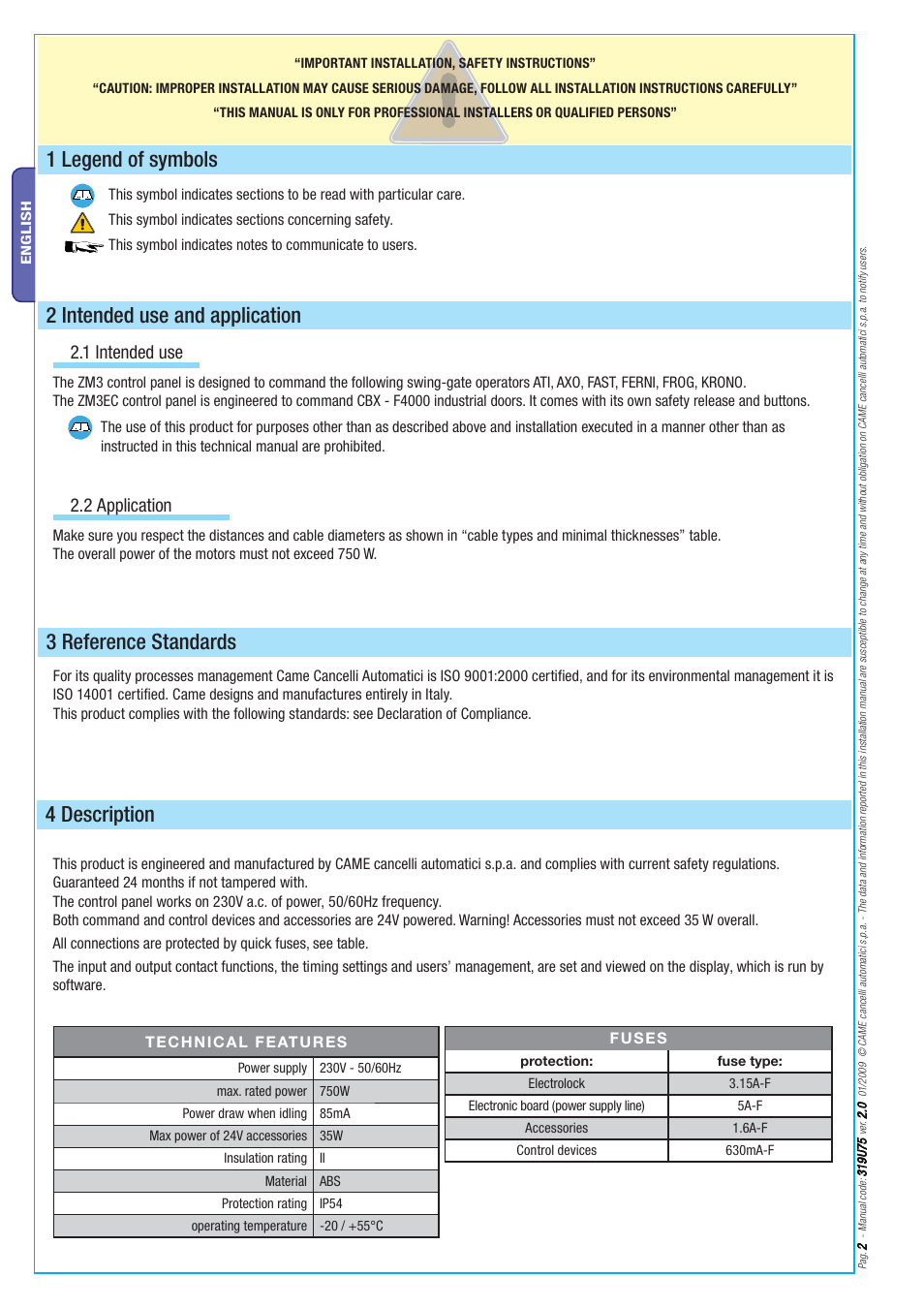 4 description 1 legend of symbols, 1 intended use 2.2 application | CAME Axo-S7 Kit User Manual | Page 2 / 30