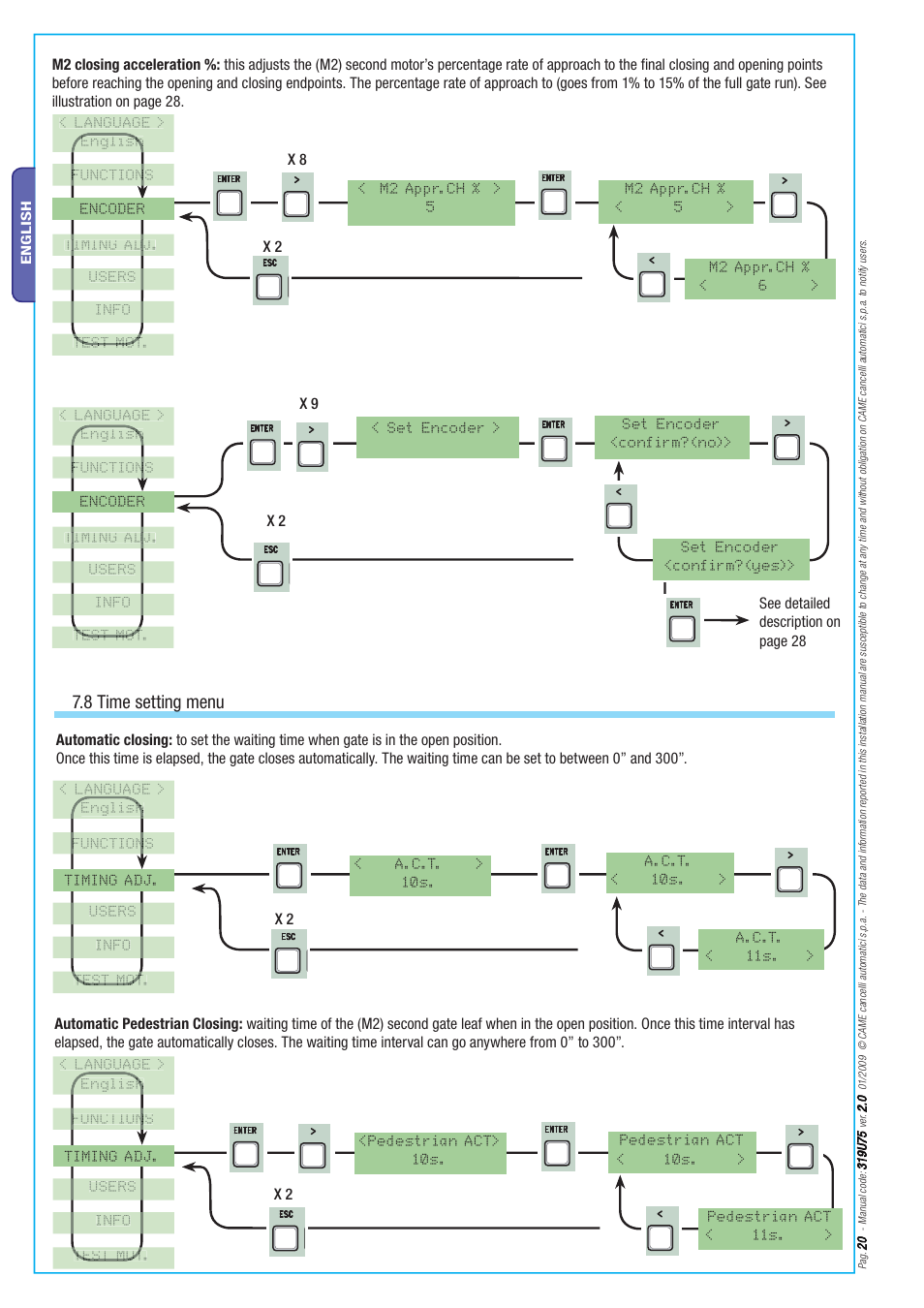 8 time setting menu, See detailed description on page 28 | CAME Axo-S7 Kit User Manual | Page 20 / 30