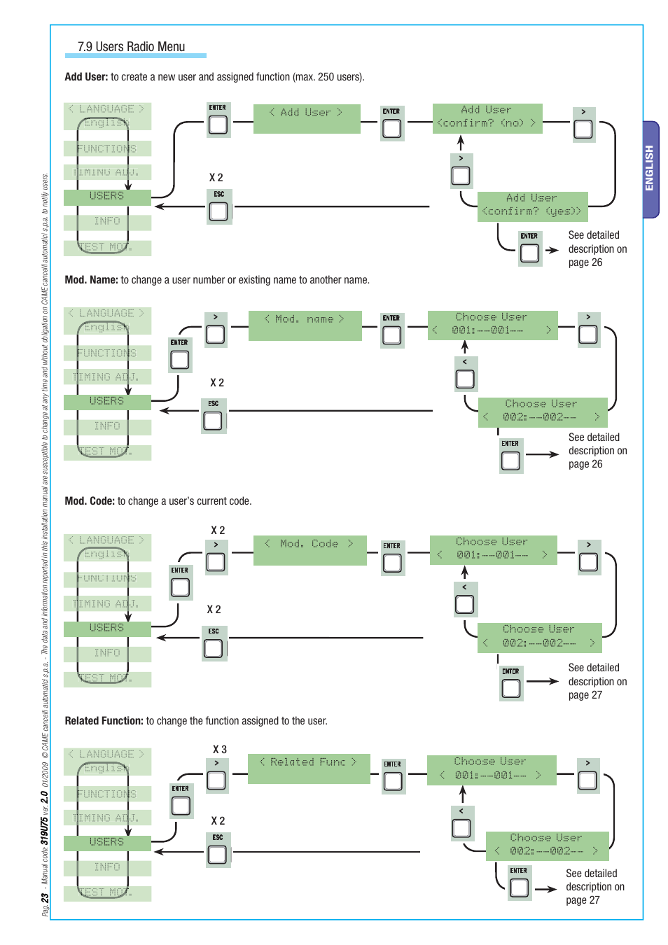 9 users radio menu, X 2 x 3 x 2, Mod. code: to change a user’s current code | See detailed description on page 26, See detailed description on page 27 | CAME Axo-S7 Kit User Manual | Page 23 / 30
