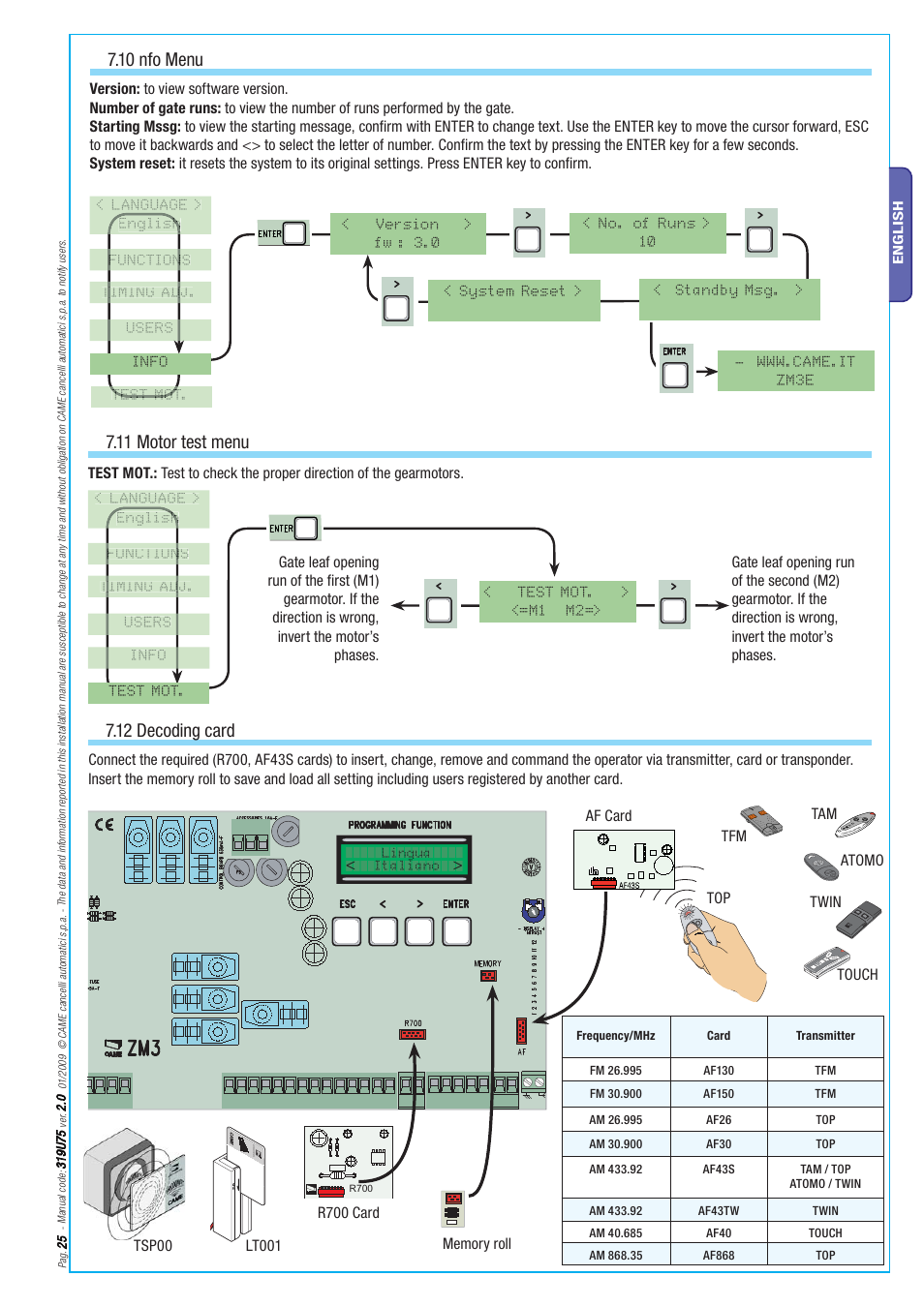 10 nfo menu, 11 motor test menu, 12 decoding card | Tam atomo twin touch | CAME Axo-S7 Kit User Manual | Page 25 / 30