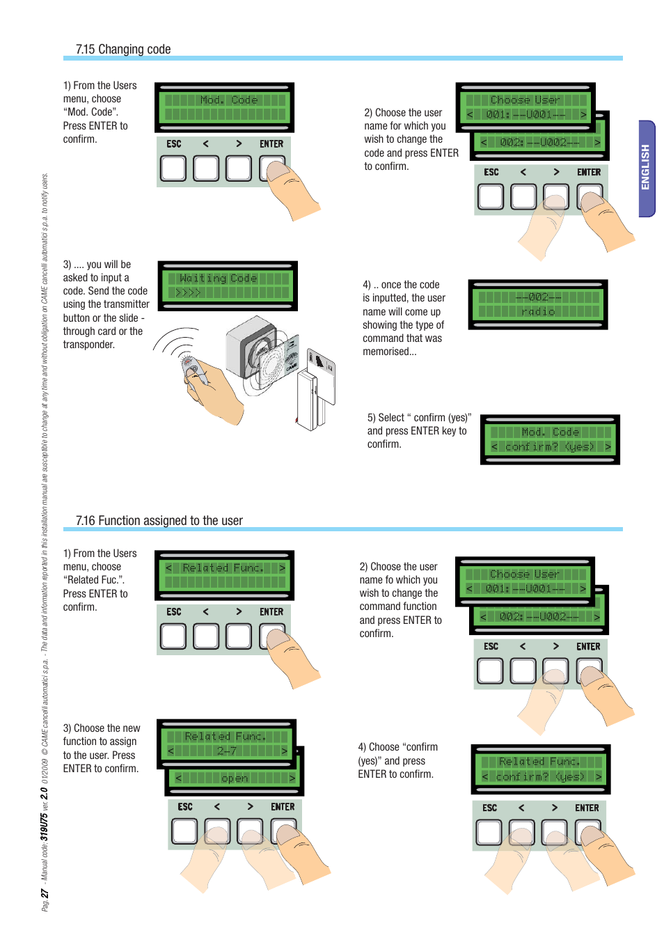 15 changing code, 16 function assigned to the user | CAME Axo-S7 Kit User Manual | Page 27 / 30