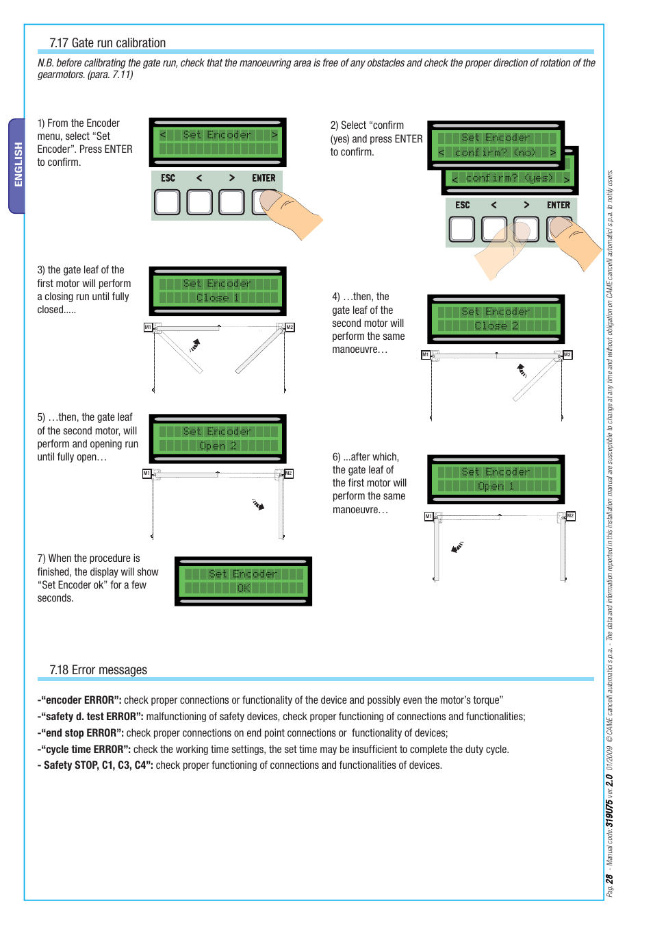 17 gate run calibration, 18 error messages | CAME Axo-S7 Kit User Manual | Page 28 / 30