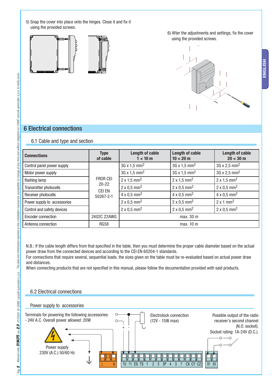 6 electrical connections, 2 electrical connections, Power supply to accessories | CAME Axo-S7 Kit User Manual | Page 5 / 30