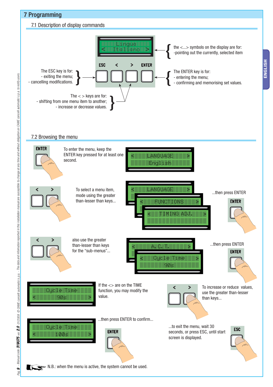 7 programming | CAME Axo-S7 Kit User Manual | Page 9 / 30