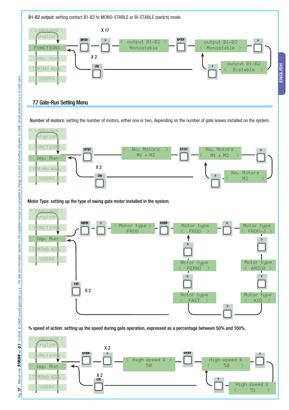 7 gate-run setting menu | CAME Axo-S524 Kit User Manual | Page 17 / 32