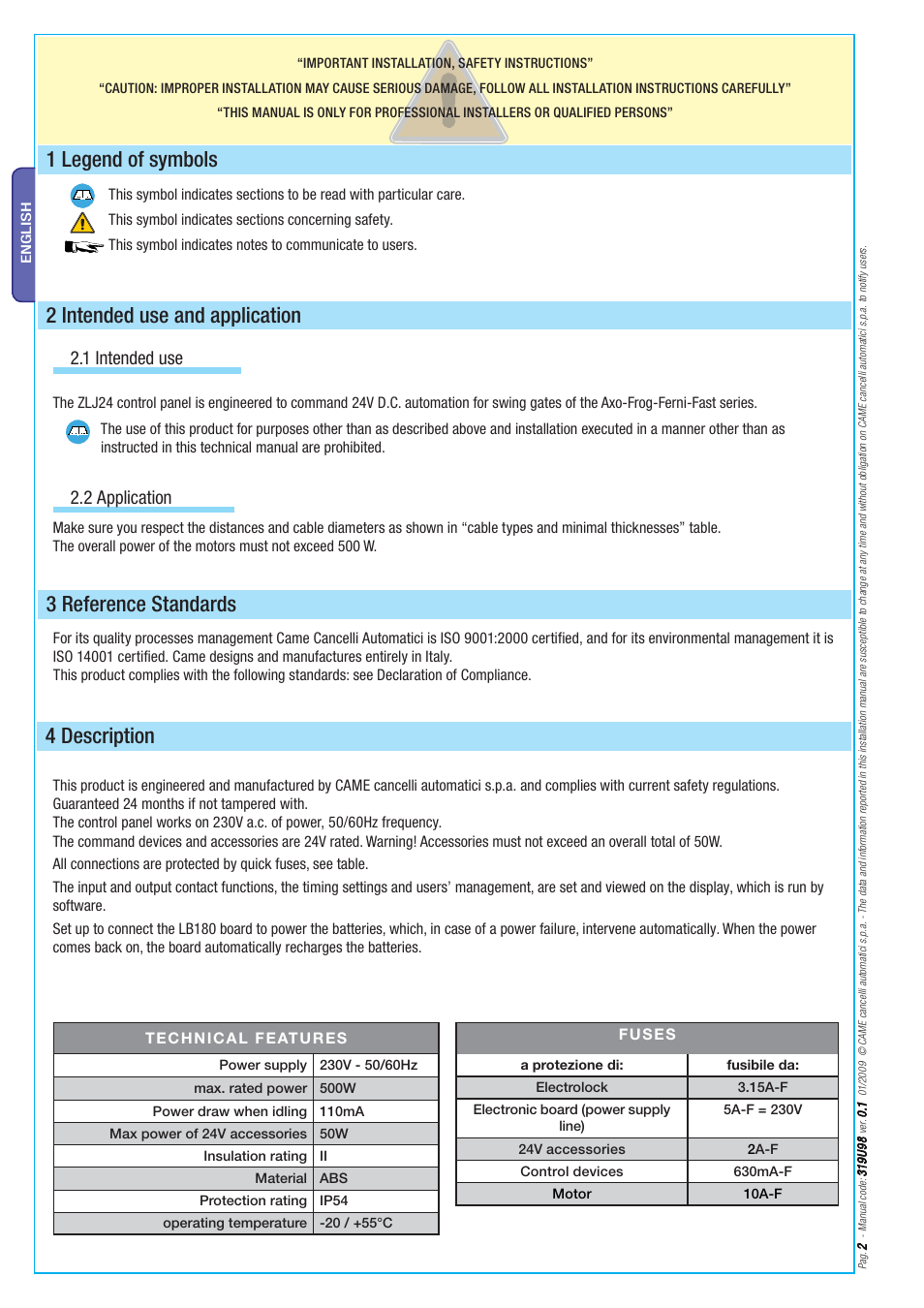 4 description 1 legend of symbols, 2 intended use and application, 3 reference standards | 1 intended use 2.2 application | CAME Axo-S524 Kit User Manual | Page 2 / 32