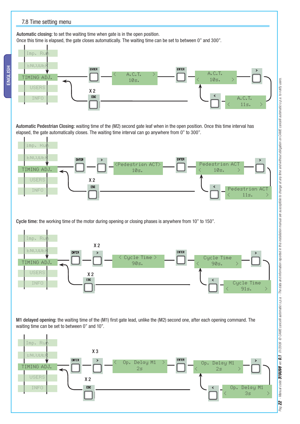 8 time setting menu, X 2 x 3 x 2 | CAME Axo-S524 Kit User Manual | Page 22 / 32
