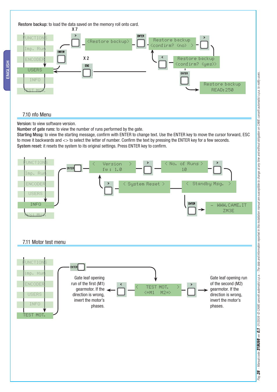 10 nfo menu, 11 motor test menu, X 2 x 7 | CAME Axo-S524 Kit User Manual | Page 26 / 32