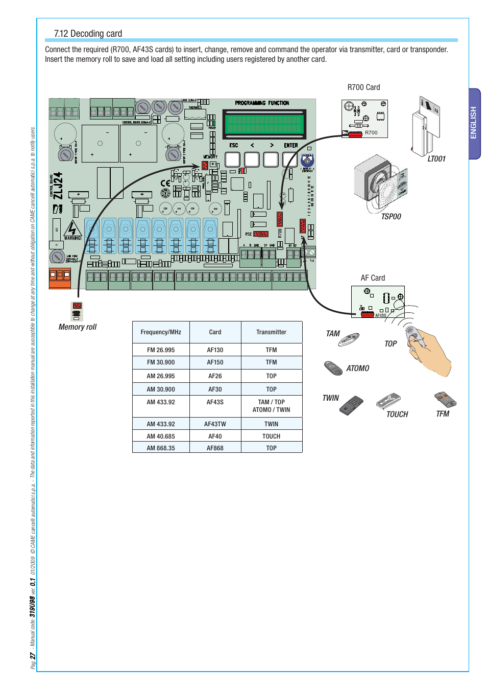 12 decoding card, Tam atomo twin touch | CAME Axo-S524 Kit User Manual | Page 27 / 32