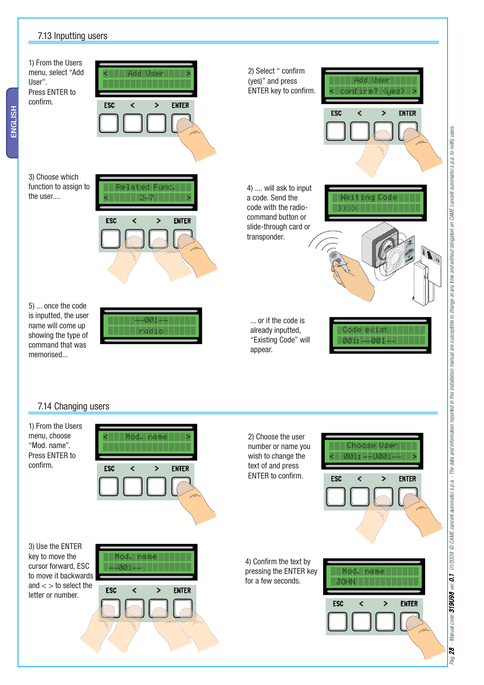 13 inputting users, 14 changing users | CAME Axo-S524 Kit User Manual | Page 28 / 32