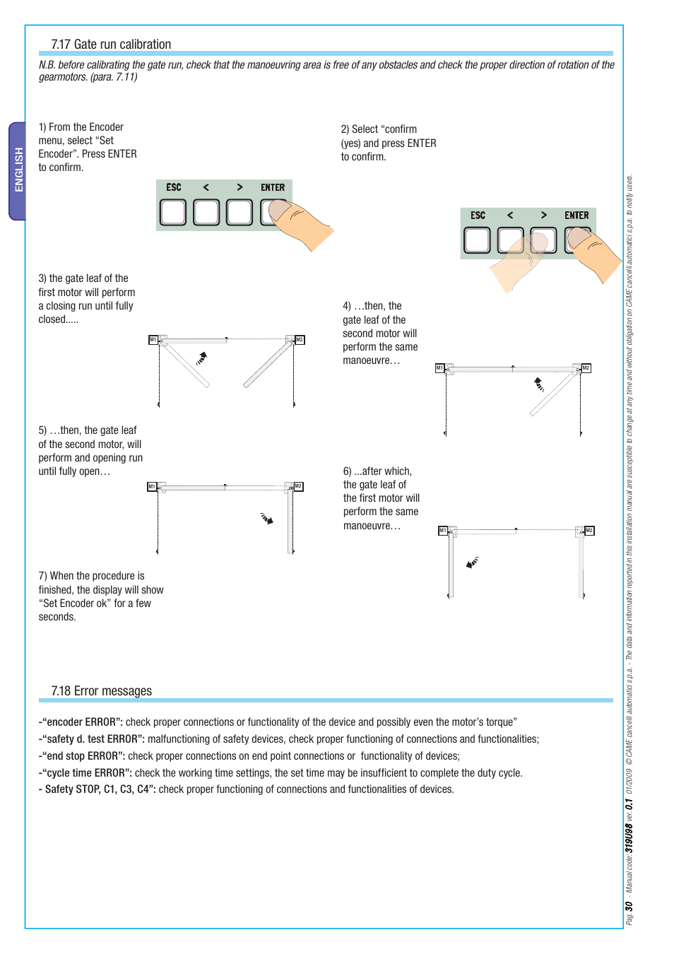 17 gate run calibration, 18 error messages | CAME Axo-S524 Kit User Manual | Page 30 / 32