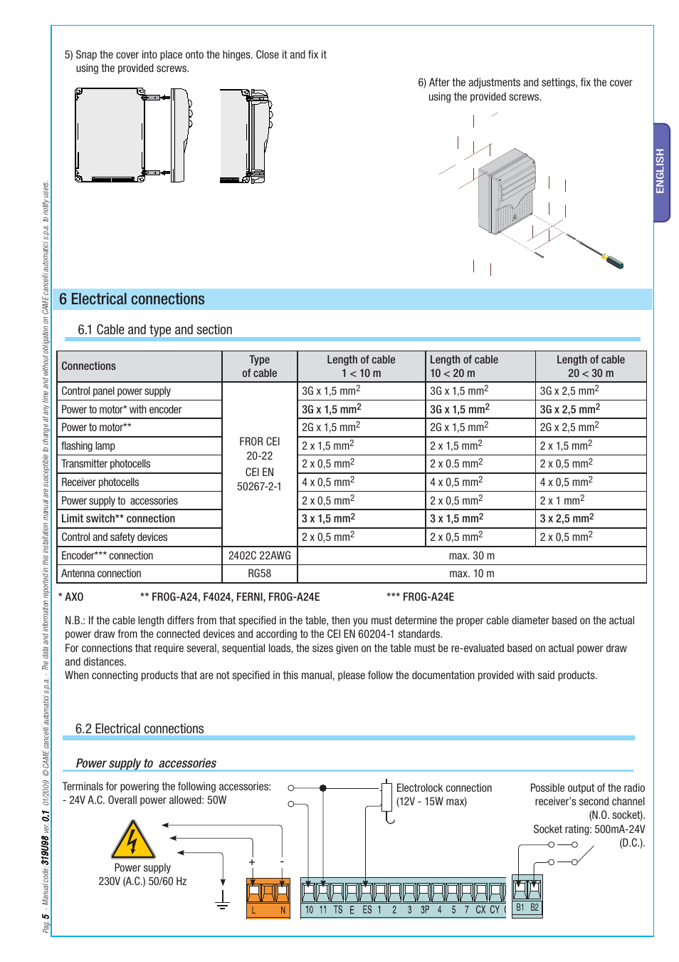 6 electrical connections, 2 electrical connections, Power supply to accessories | CAME Axo-S524 Kit User Manual | Page 5 / 32