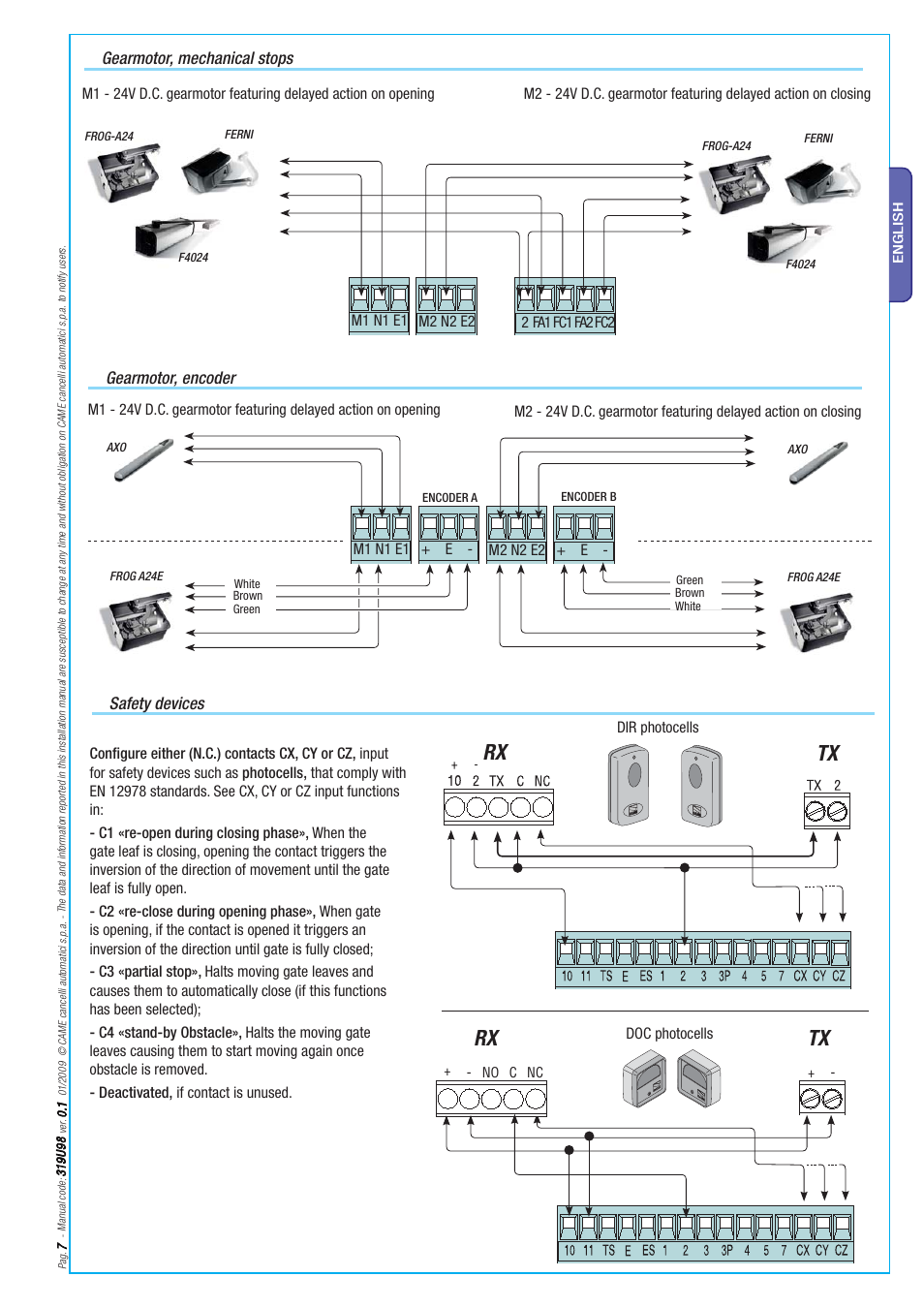 Rx tx rx tx, Safety devices, Gearmotor, mechanical stops gearmotor, encoder | CAME Axo-S524 Kit User Manual | Page 7 / 32