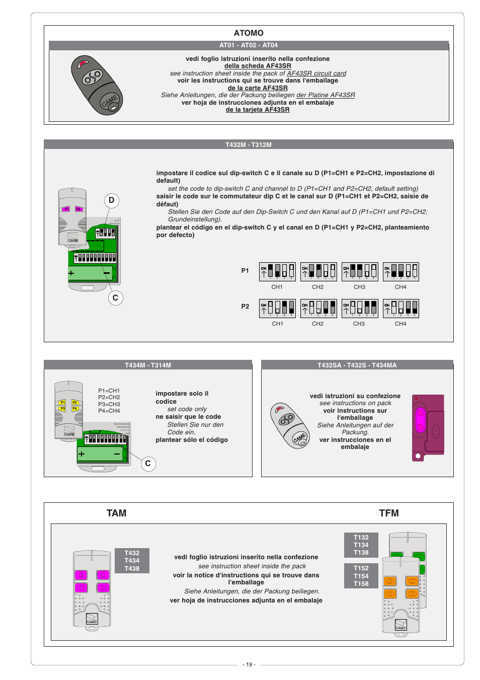 Atomo, See instruction sheet inside the pack, Siehe anleitungen, die der packung beiliegen | Set code only, Stellen sie nur den code ein, See instructions on pack, Siehe anleitungen auf der packung, Vedi foglio istruzioni inserito nella confezione, Ver hoja de instrucciones adjunta en el embalaje, Ne saisir que le code | CAME G6000 User Manual | Page 19 / 24