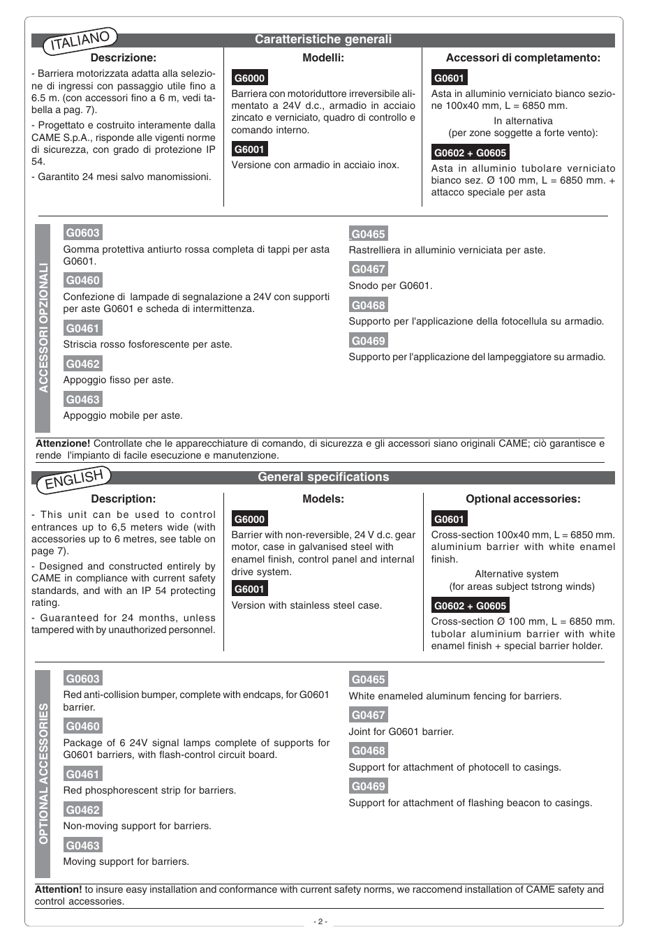 English, Italiano | CAME G6000 User Manual | Page 2 / 24