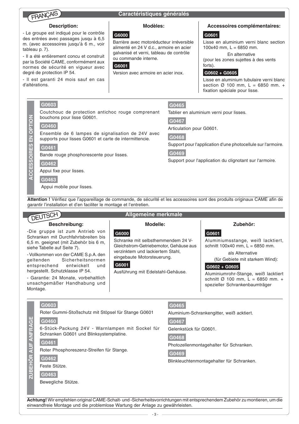 Français, Deutsch | CAME G6000 User Manual | Page 3 / 24