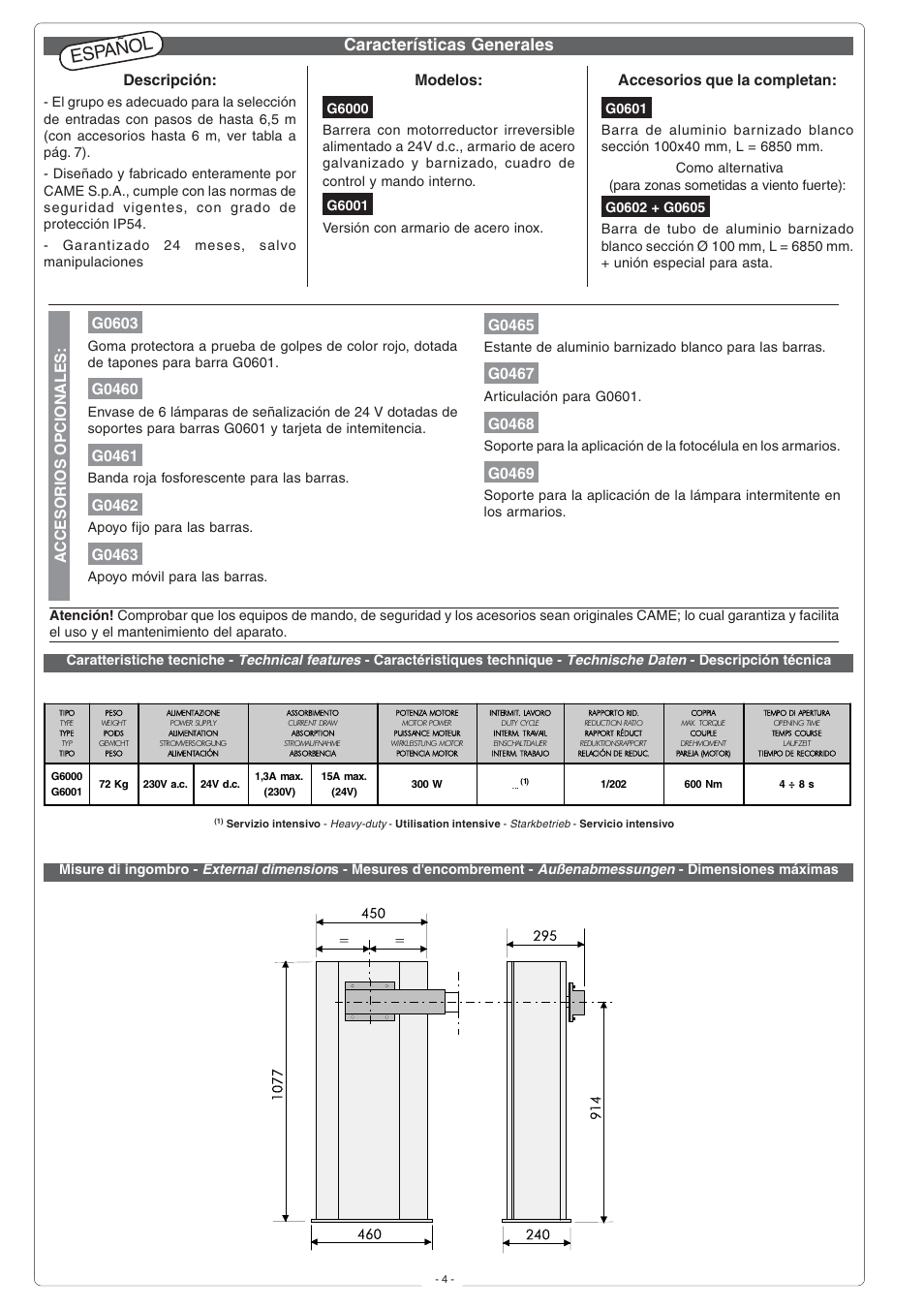 Español, Características generales, Modelos | Descripción, Accesorios que la completan, G0603, G0460, G0461, G0462, G0463 | CAME G6000 User Manual | Page 4 / 24