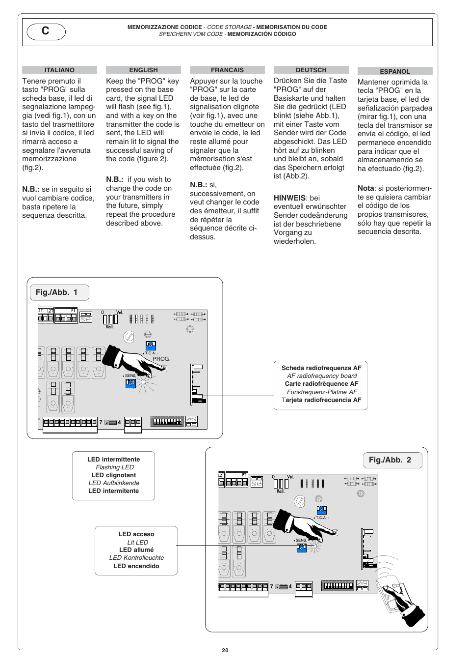 Fig./abb. 1 fig./abb. 2, Flashing led, Led aufblinkende | Af radiofrequency board, Funkfrequenz-platine af, Lit led, Led kontrolleuchte | CAME G4000 User Manual | Page 20 / 24