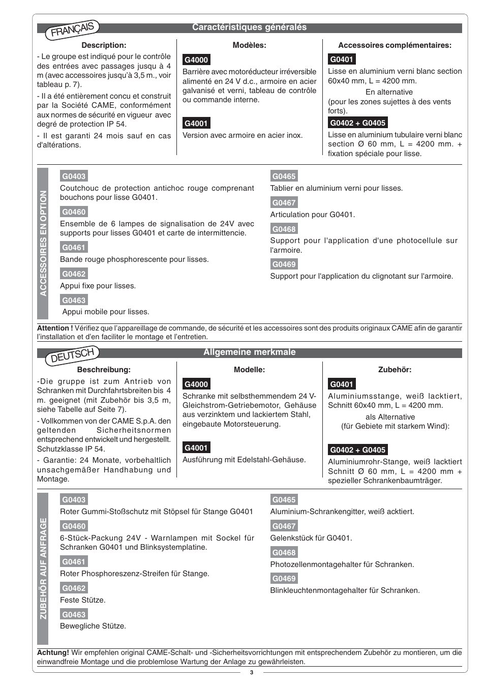 Français, Deutsch | CAME G4000 User Manual | Page 3 / 24