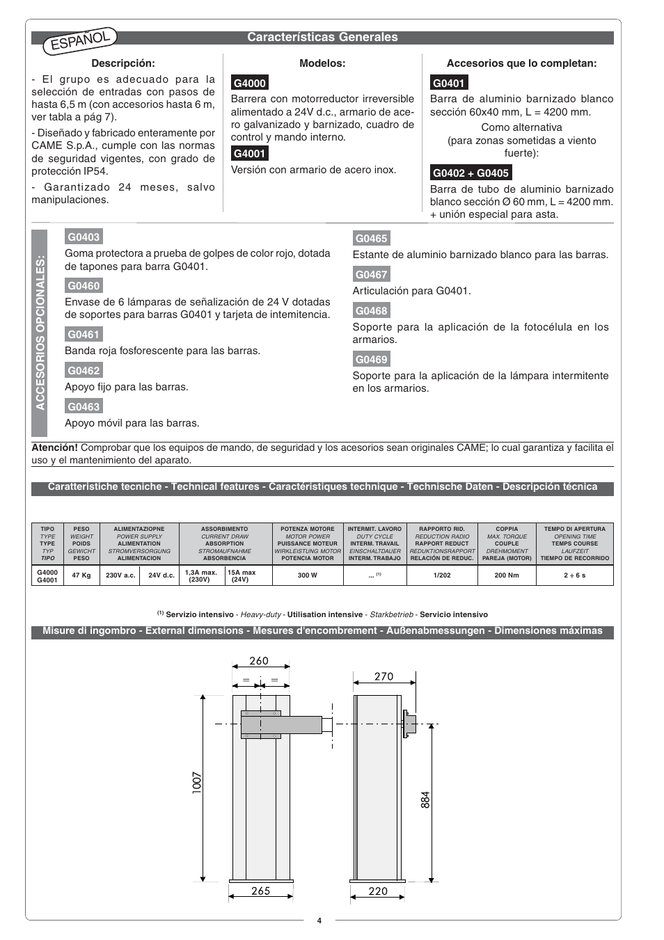 Español, Características generales, Accesorios opcionales | CAME G4000 User Manual | Page 4 / 24