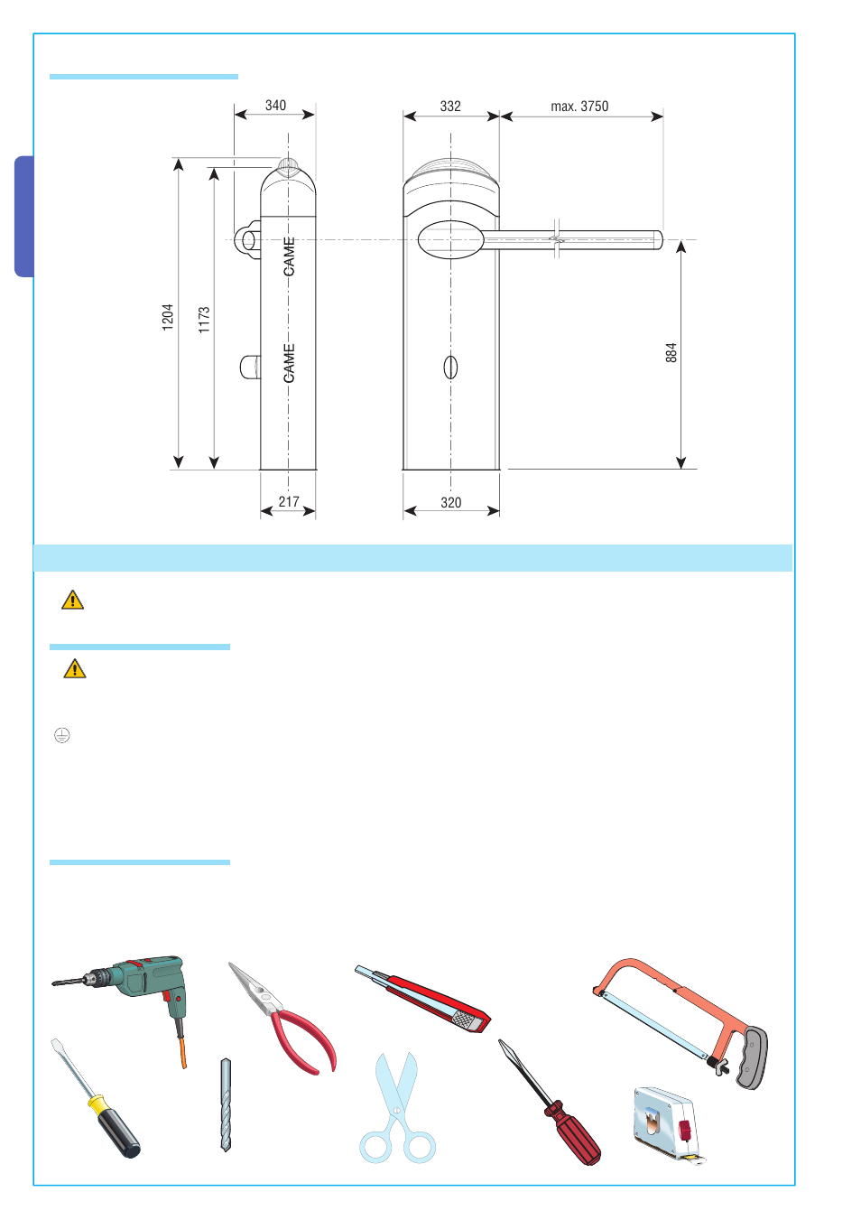 5 installation, English, 4 size measurements | 1 preliminary checks 5.2 tools and materials | CAME Gard 4 230v A.C User Manual | Page 4 / 16