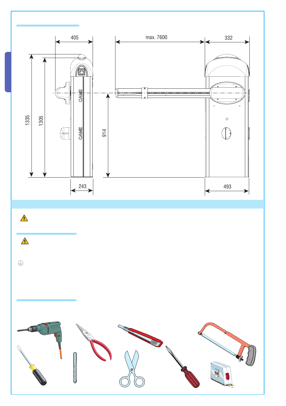 5 installation, English, 4 size measurements | 1 preliminary checks 5.2 tools and materials | CAME Gard 8 230v A.C User Manual | Page 4 / 16