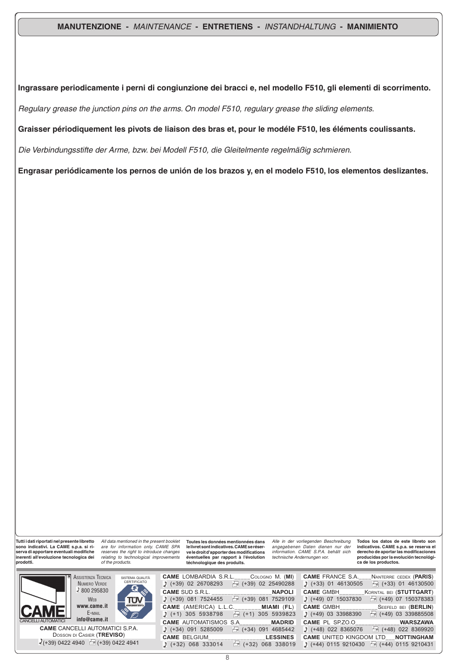 CAME Flex U8711 Kit User Manual | Page 8 / 8
