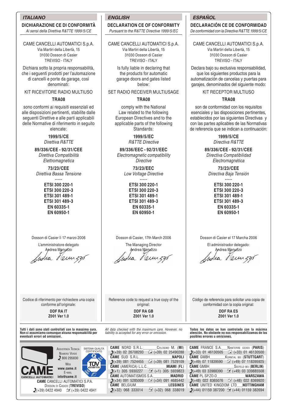 CAME Tra08 User Manual | Page 12 / 12