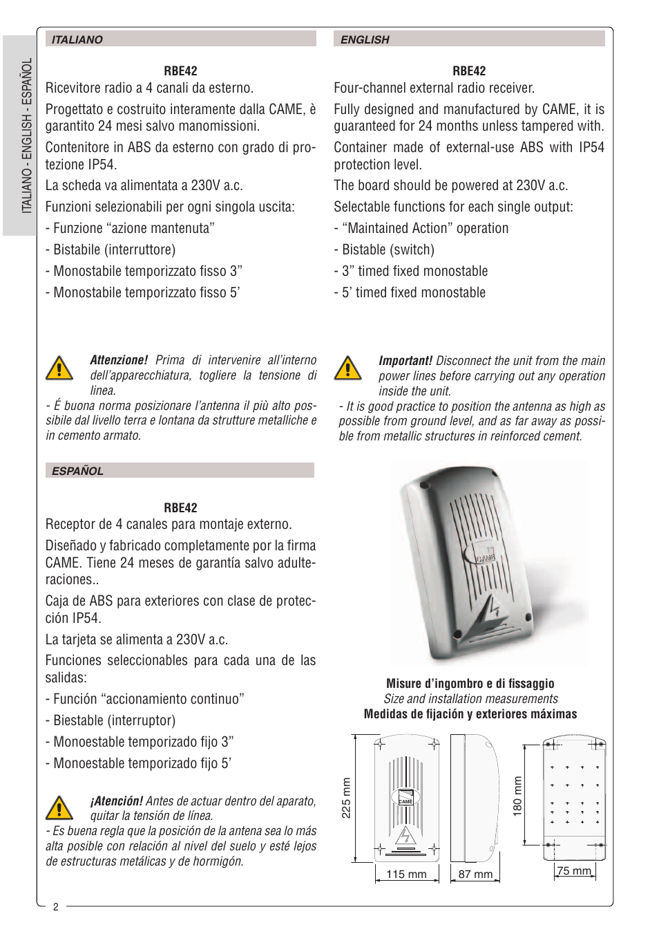 CAME Tra08 User Manual | Page 2 / 12