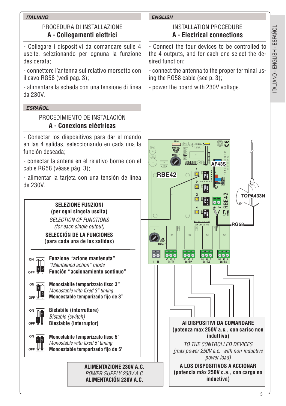 A - collegamenti elettrici, A - electrical connections, A - conexions eléctricas | Rbe42, Procedura di installazione, Procedimiento de instalación | CAME Tra08 User Manual | Page 5 / 12