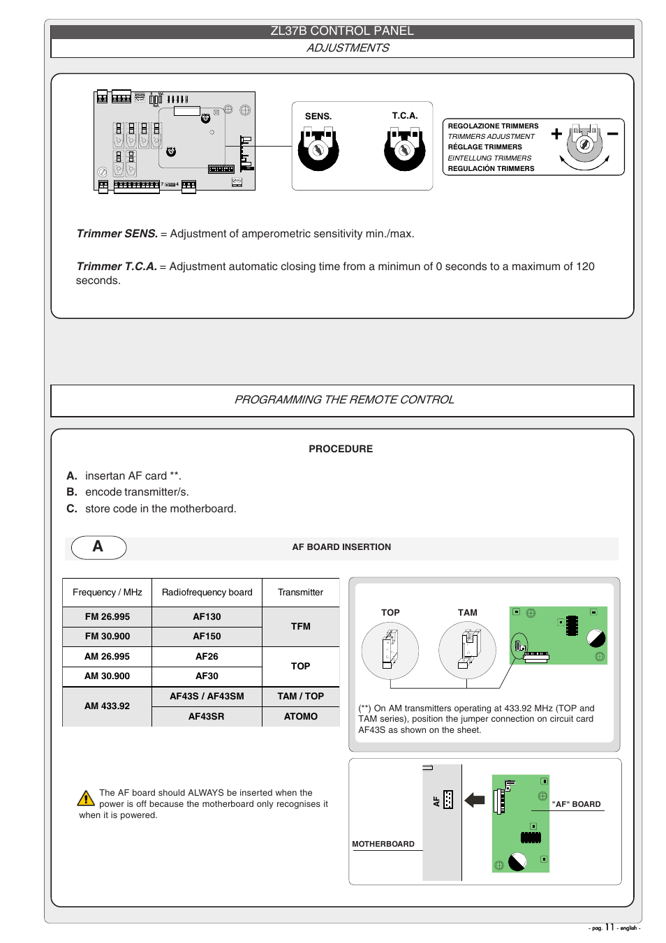 Zl37b control panel, Adjustments, Programming the remote control | CAME Gard12 User Manual | Page 11 / 16