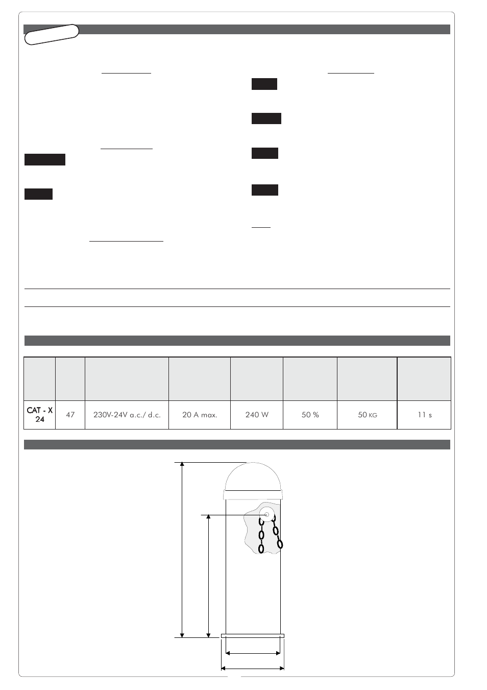 Español, Características generales, Descripción | Composción, Limites de empleo, Accesorios, S1 1 | CAME Cat 24v D.C User Manual | Page 4 / 24