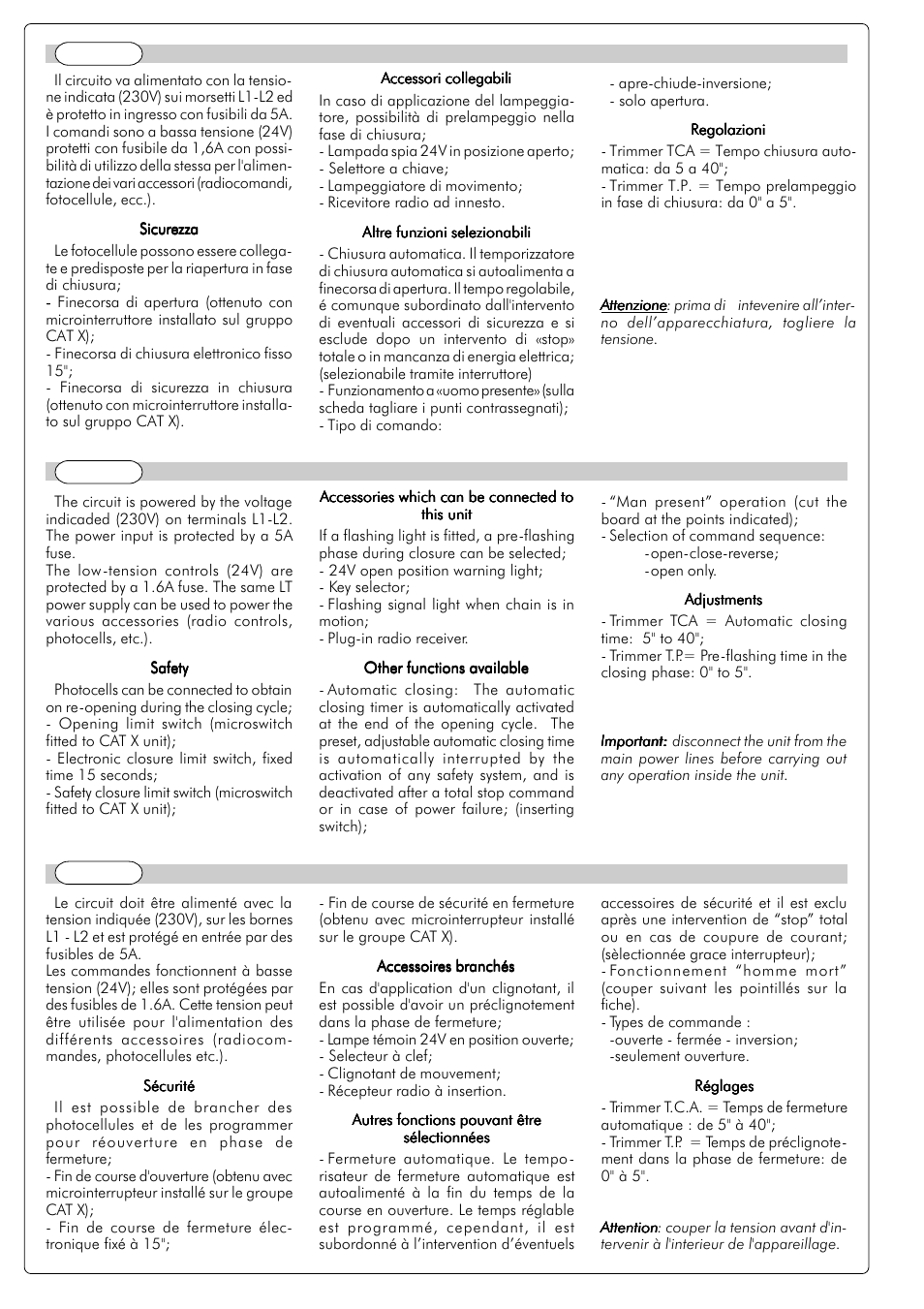 CAME ZC2-C Control Panel User Manual | 6 pages