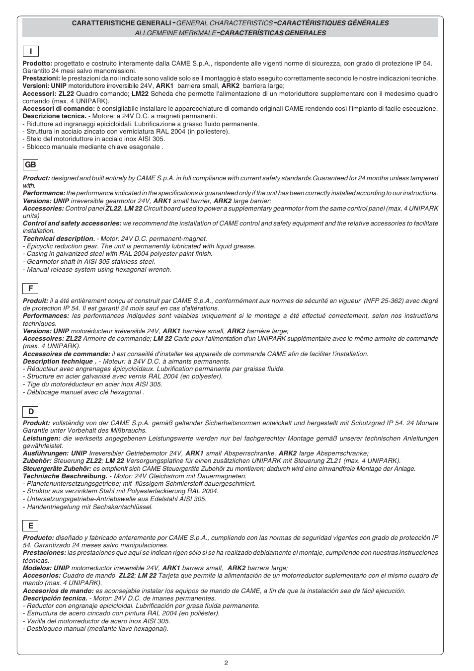 CAME Unipark User Manual | Page 2 / 4