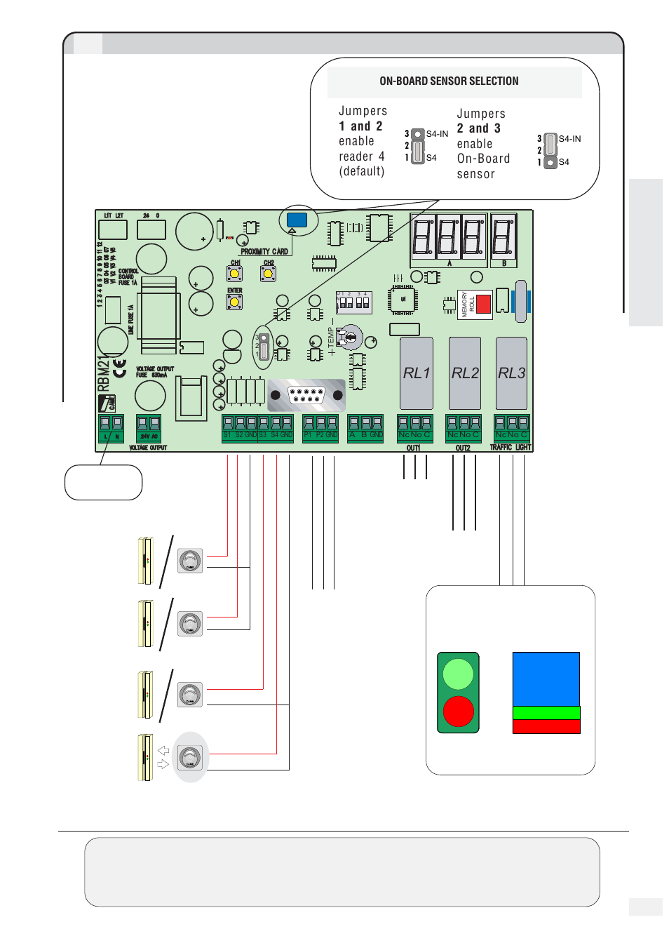 Connections, Rl3 rl1 rl2, Rb m2 1 | Output contact relay 2 (rl2), Red blac k, Output contact relay 3 (rl3) traffic light, Entry contacts magnetic coil | CAME RBM21 User Manual | Page 3 / 12