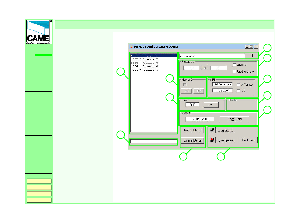 User configuration window - description, Rbm21 | CAME RBM21 User Manual | Page 10 / 19