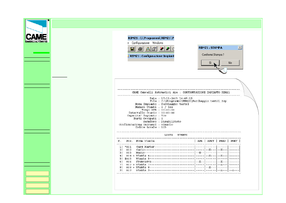 Printout of configurations, Rbm21 | CAME RBM21 User Manual | Page 19 / 19