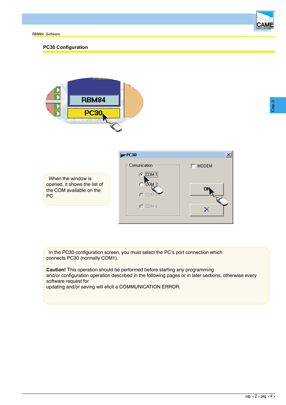 Software - system configuration | CAME Rbm84 User Manual | Page 19 / 81