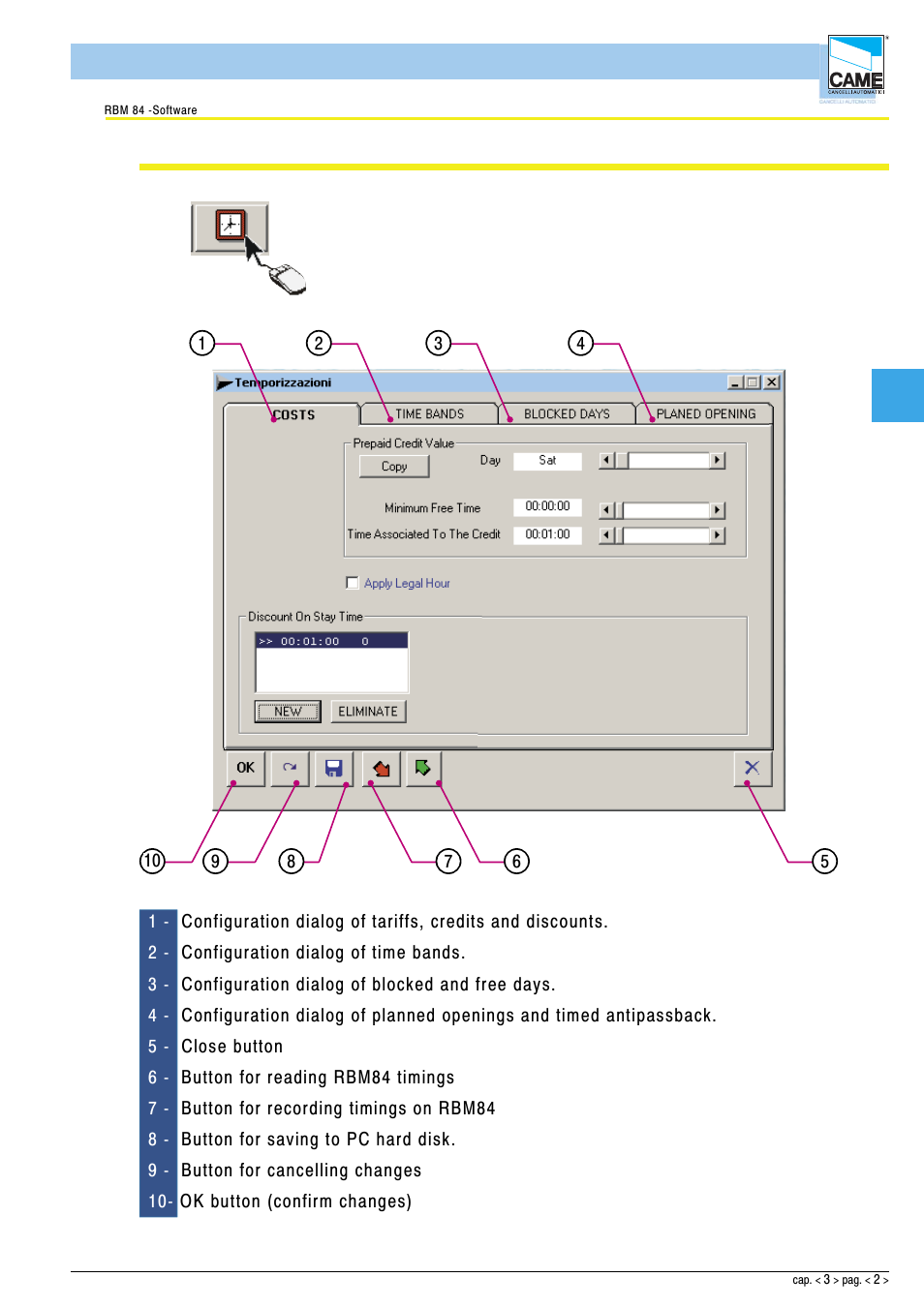 Software - configuration timings | CAME Rbm84 User Manual | Page 38 / 81