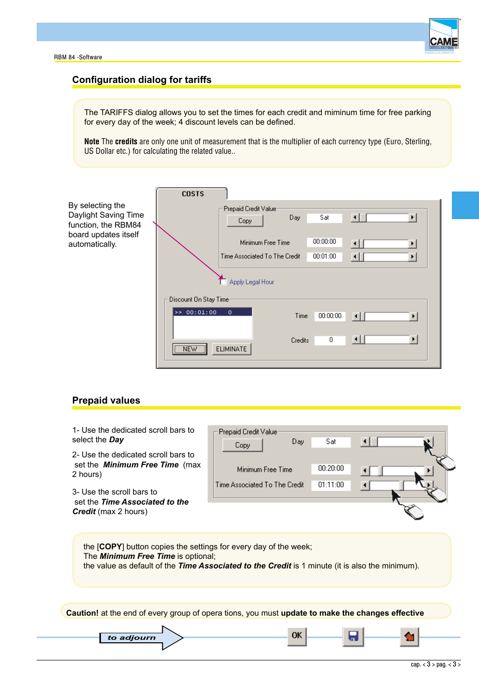 Software - configuration timings, Confi guration dialog for tariffs, Prepaid values | CAME Rbm84 User Manual | Page 39 / 81