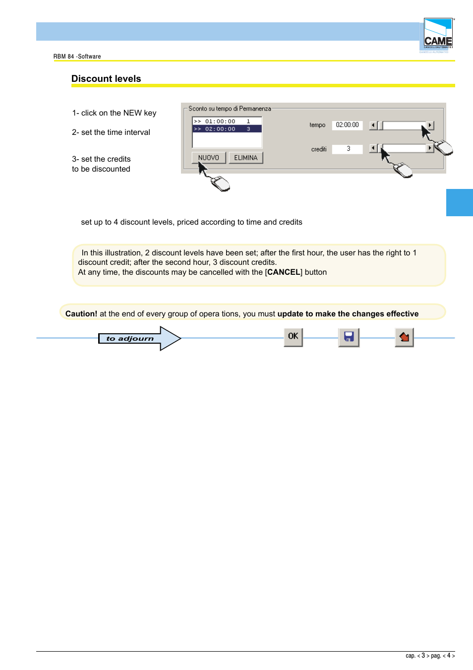 Software - configuration timings, Discount levels | CAME Rbm84 User Manual | Page 40 / 81