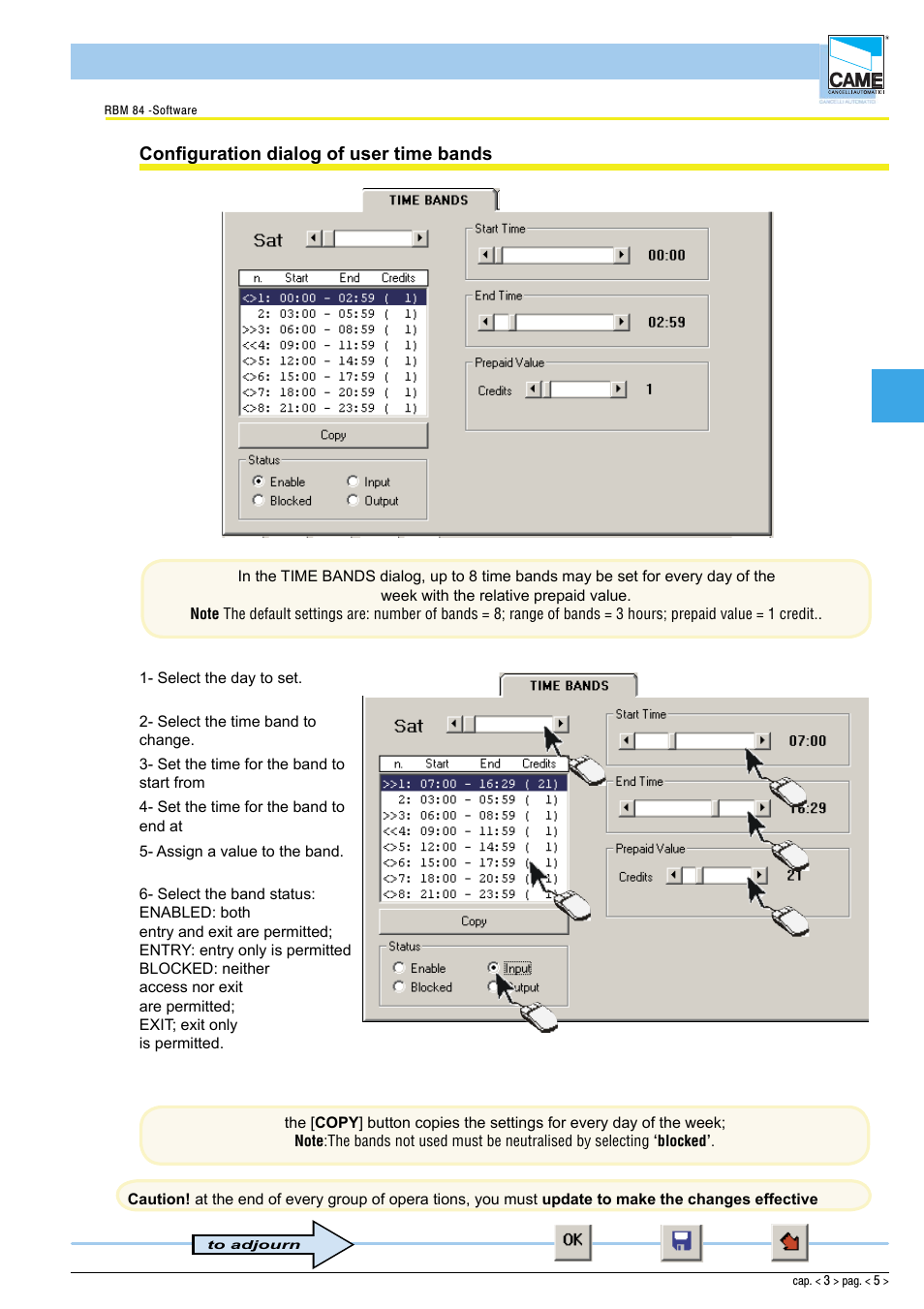 Software - configuration timings, Confi guration dialog of user time bands | CAME Rbm84 User Manual | Page 41 / 81