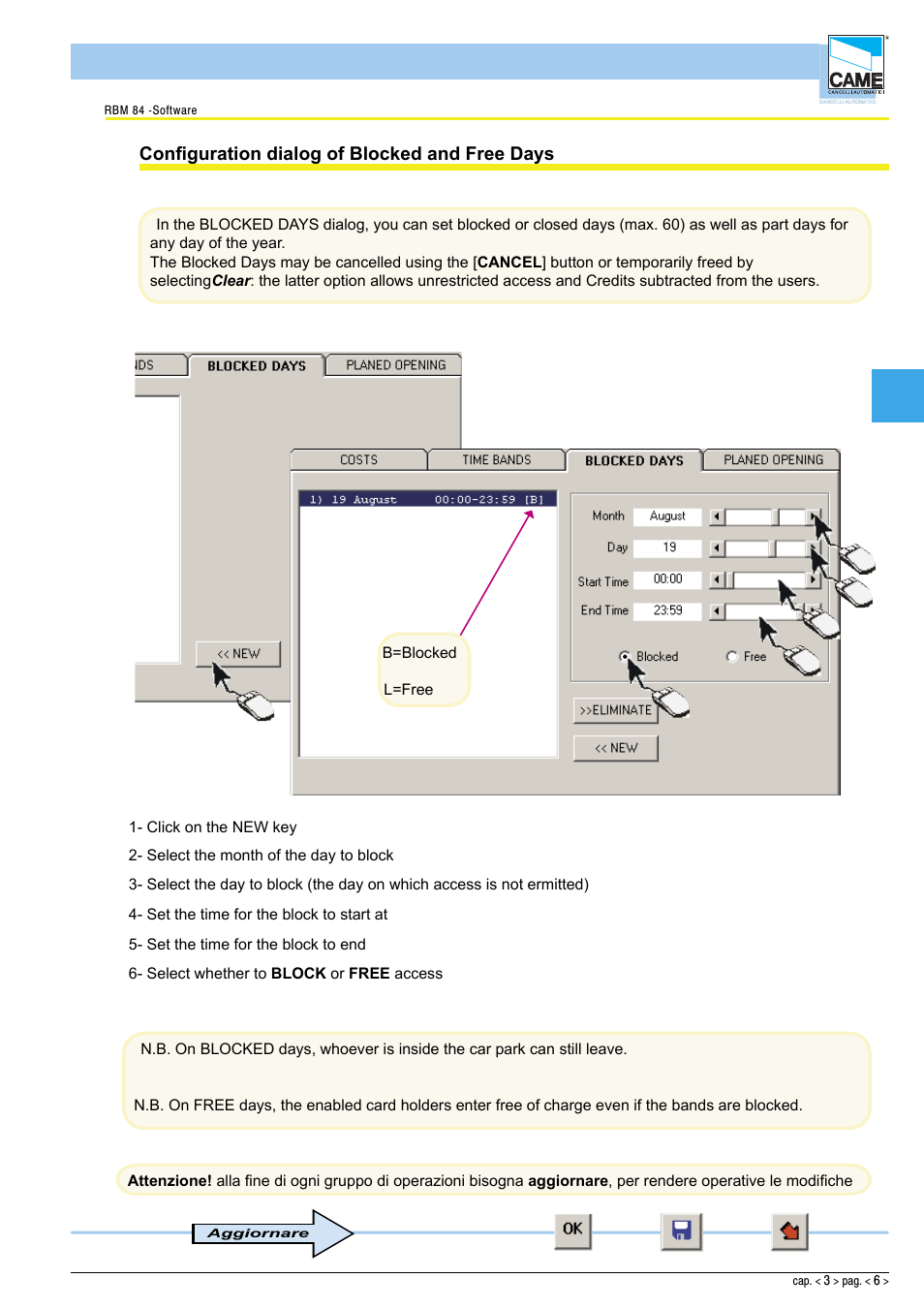 Software - configuration timings, Confi guration dialog of blocked and free days | CAME Rbm84 User Manual | Page 42 / 81