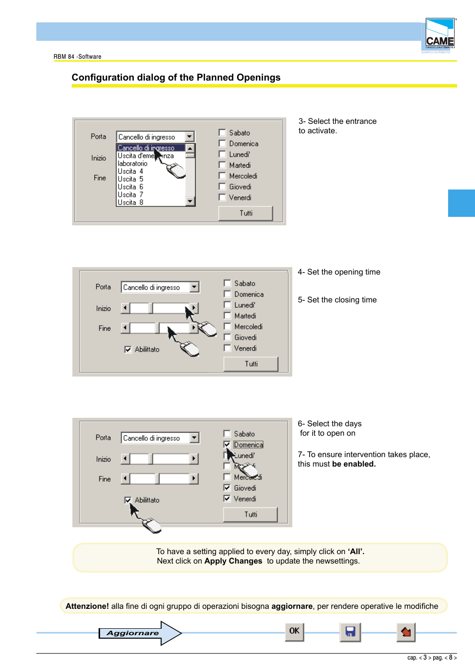 Software - configuration timings, Confi guration dialog of the planned openings | CAME Rbm84 User Manual | Page 44 / 81